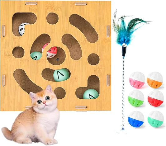 YAGUAN Cat Scratch Puzzle Enrichment Box,Cat Toy Box for Indoor,Cat Toy Box with 2 Balls & 1 Cats Teasers