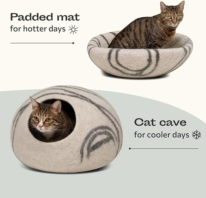MEOWFIA Cat Cave – Premium Felt Cat Bed for Indoor Cats, Handmade Merino Wool (Light Grey, Medium)