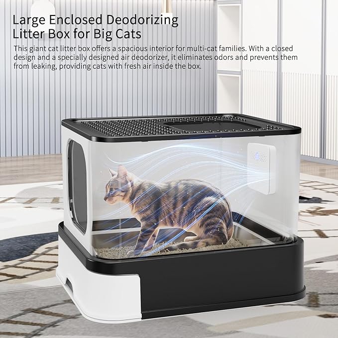 RIZZARI Stainless Steel Litter Box: Extra Large Design Prevents Leaks - Black Enclosed Cat Pan - with Deodorizer for Cats Under 25 lbs - Bathroom Balcony Use