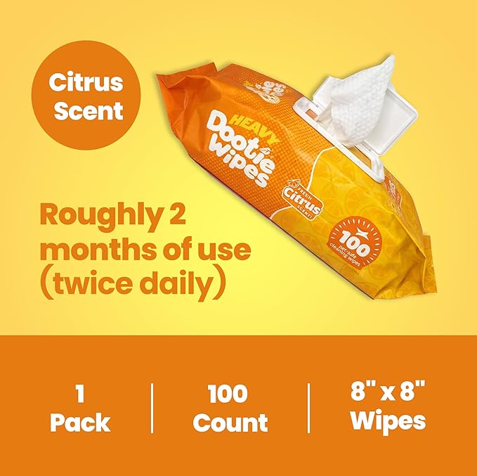 HEAVY Dootie Wipes - Convenient Durable Dog Wipes for Paws, Butt with Very Mild Pleasant Citrus Scent, 100 Count - Puppy Essentials Pet wipes, Dog Wipes Cleaning and Deodorizing. Made with Bamboo.