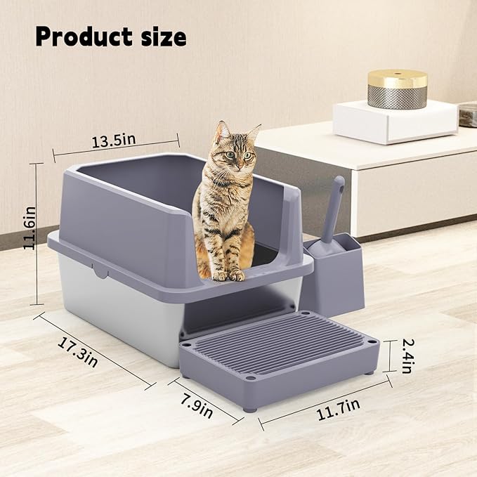 RIZZARI Cat Litter Box Large: Gray Stainless Steel Leakproof Open Top Tray for Odor Control - Bathroom Balcony Use - Multi-Cat Household Solution
