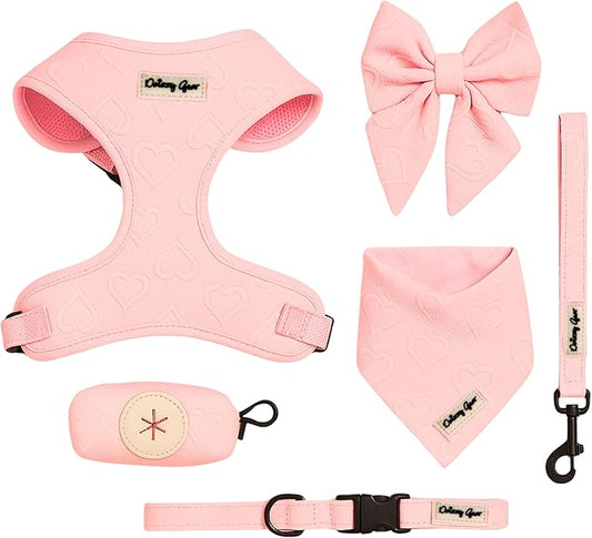 Small Dog Harness Set – Cute No Pull, All Weather, Breathable Harness and Leash Set with Collar, Bandana, Sailor Bow & Poop Bag Holder – Adjustable, Soft & Stylish - Pink Hearts on Jacquard Fabric