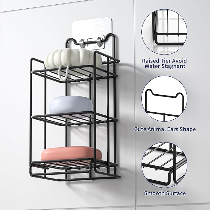 3 Tier Soap Bar Holder, 304 Stainless Steel Soap Dish for Bathroom, Removable Sponge Rack for Kitchen Sink (Black)