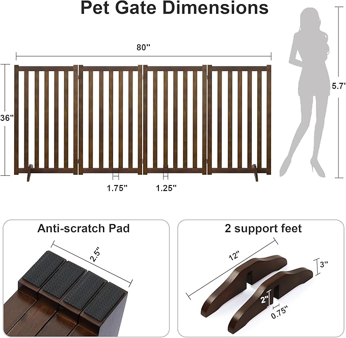 36" Height Extra Tall Freestanding Pet Gate, Solid Wood Folding Safety Fence Wooden Dog Gate with 2 PCs Support Feet Ideal for Stairs, Doorways, Halls, Kitchens, Heavy Duty Gates, 4 Panels, Walnut