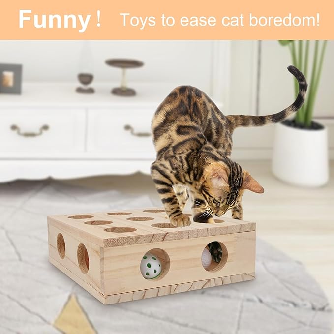 Hypeety Interactive Cat Toy Puzzle Box Wooden Treat Maze Scratcher Peek Play Toy Box Fun Interactive Cat Toy Fun Hide and Seek Agility Toys