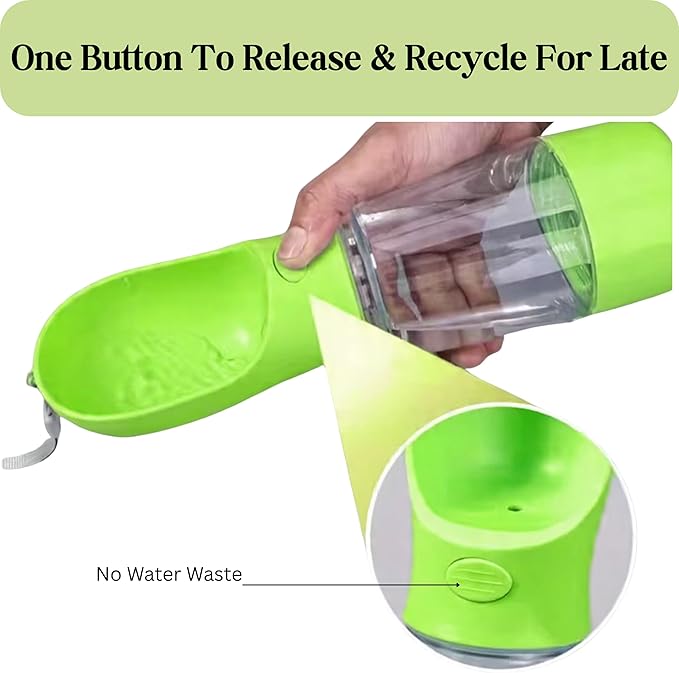 3-in-1 Dog & Cat Water Bottle Portable with Food Container & Poop Bag Holder - BPA Free Travel Pet Dispenser, Leak-Proof Design, Includes 60 Waste Bags, 400ml, Green