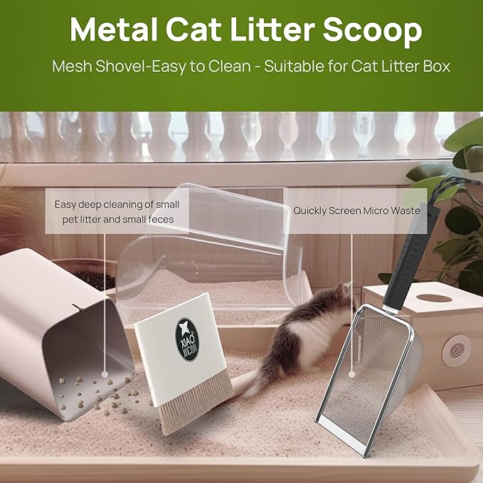 XIAOXINGYUN Litter Scooper with Holder for Sandbath Box,Stainless Steel Litter Scooper Includes Portable Small Broom and Dustpan, Mesh Shovel-Easy to Clean - Suitable for Cat Litter Box