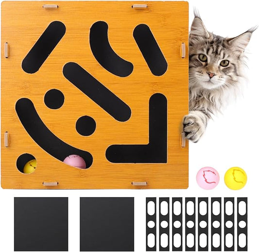 Eco Friendly Cat Nail File Enrichment Box, Wooden Scratch Puzzle with Sandpaper Surface, Stress Free Nail Care Alternative, Interactive Maze Scratcher with Bell Ball for Indoor Cats