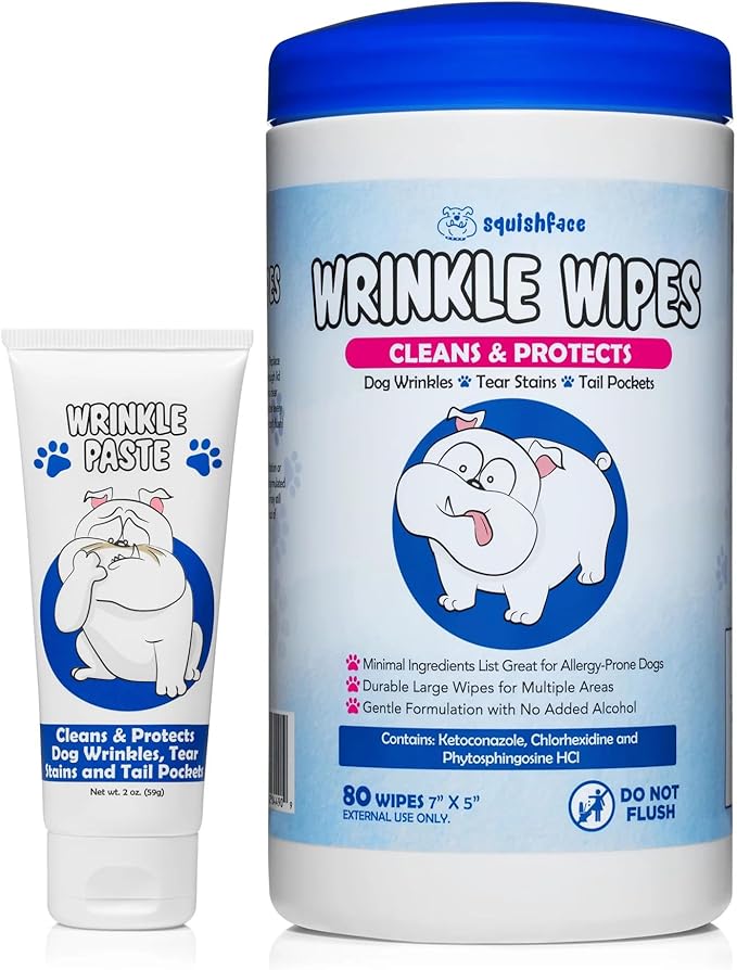 Squishface Wrinkle Paste (2oz) & 5x7 Wipes Bundle - Clean Wrinkles, Tear Stains, Tail Pockets, Paws – Anti-Itch, Deodorizing - Great for English Bulldogs, Pugs, Frenchies, French Bulldogs & Any Breed