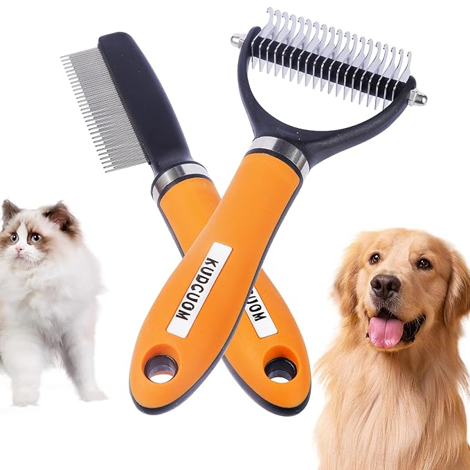 Pet Grooming Combo, featuring a Deshedding Brush and Dematting Combs, is specifically tailored for long-haired dogs and cats with tangled hair