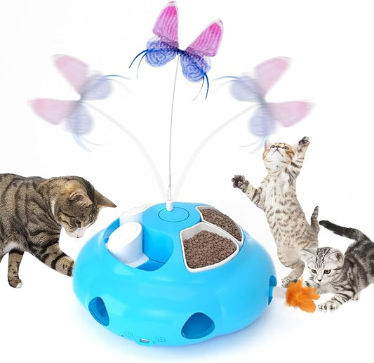 Crazydeer Interactive Cat Toys for Indoor Cats, 4in1 Pet Teaser Toy with Ambush Feather Wand, Motorized Fluttering Butterfly and Slow Feeder, Rechargeable Power Treat Puzzle Toy(Blue)