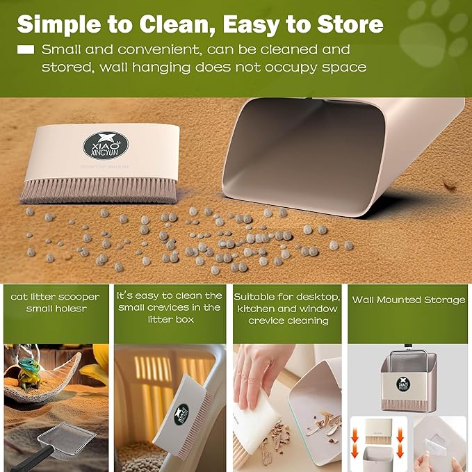XIAOXINGYUN Litter Scooper with Holder for Sandbath Box,Stainless Steel Litter Scooper Includes Portable Small Broom and Dustpan, Mesh Shovel-Easy to Clean - Suitable for Cat Litter Box