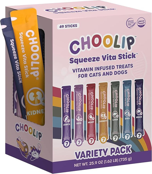Choolip Squeeze Vita Stick Lickable Cat and Dog Treats – 49-Count Variety Pack – Real Meat Puree with Multivitamins for Total Pet Wellness – Grain-Free, High-Moisture, Vet-Formulated