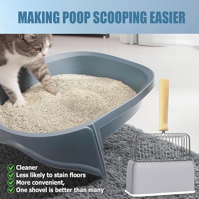 2025 Latest 5-In-1 Cat Litter Scooper with Holder, Metal Cat Litter Scoop Deep Shovel Kitty Poop Scooper Stand for Litter Box, Fast Sifting Kitty Poop Scooper Caddy Poop Scooper Stand (Multicolor-B)