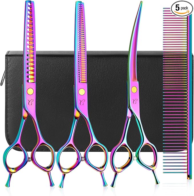 Dog Grooming Scissors, Professional 4 in 1 Dog Shears Set,Chunker Scissers,Curved Scissors,Thinning Shears and Comb for Cat Pet with Left Handed Deg Curved Shear