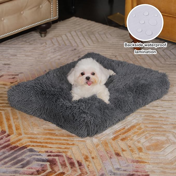 Bedfolks Waterproof Crate Bed, Plush Dog & Cat Kennel Pad, Faux Fur, Washable, 23"x18", Dark Grey