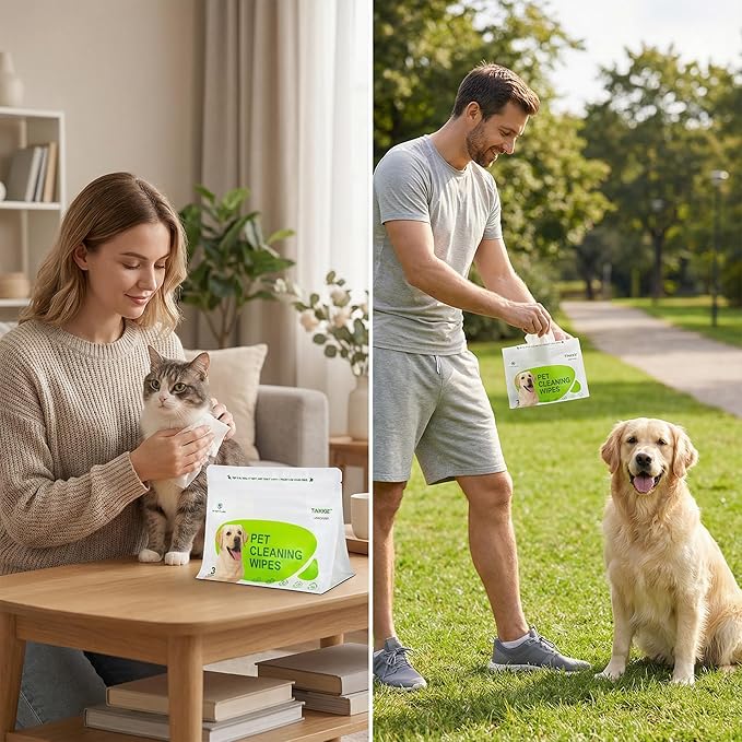 Pet Wipes for Dogs & Cats, Individually Wrapped Dog & Cat Wipes for Paws, Face & Body, Alcohol-Free Pet Grooming Wipes, 8"×8", 180 Count (60 Travel Packs)