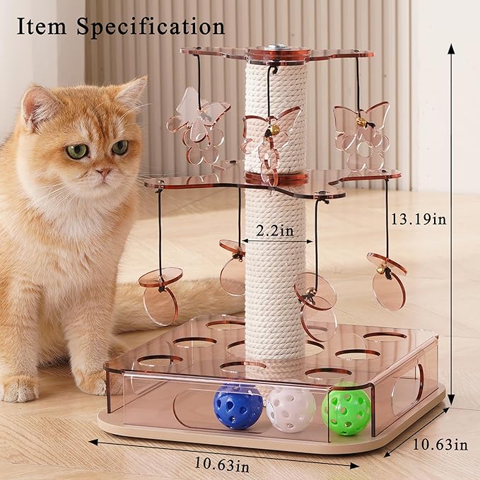 Kicari Modern 3-in-1 Interactive Cat Toy, Puzzle Box Cat Puzzle Toys for Indoor Cats with with Colorful Jingle Balls, Small Cotton Scratching Post, 2-Layer Spinning Dangling Toys, Acrylic Pink