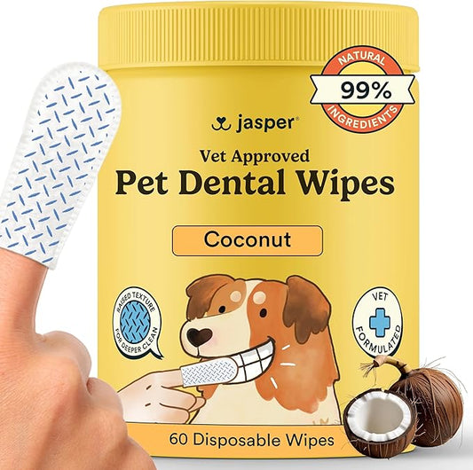 Jasper Dog Dental Wipes, Vet-Recommended Natural Cat & Dog Teeth Cleaning Wipes Dog Teeth Cleaner, Disposable Wipes Fresh Breath PlaqLift Technology Attacks Plaque and Buildup, Coconut, 60 Count