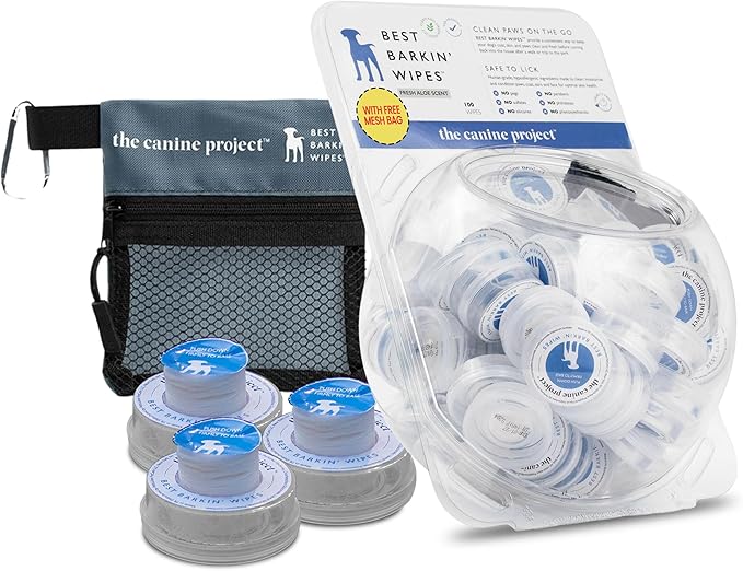 Best BARKIN' Wipes with Free Mesh Bag - Dog Wipes for Paws Ears and Butt - Micellar Aloe Scented Travel Friendly Puppy Wipes (100-Pack)