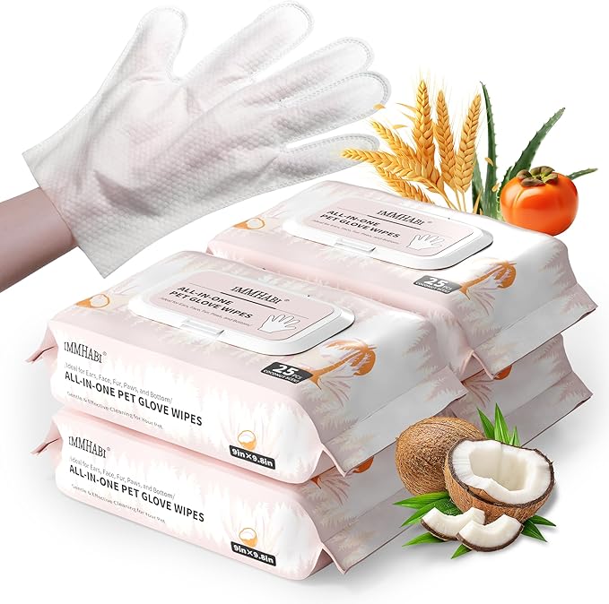 100 Pcs Cleaning Deodorizing Pet Glove Wipes for Dogs & Cats, Hypoallergenic Dog Bath Wipes with Natural Deodorizer Persimmon Tannin, Pet Bathing Wipes for Horse Coat Care Coconut Scent