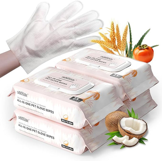 100 Pcs Cleaning Deodorizing Pet Glove Wipes for Dogs & Cats, Hypoallergenic Dog Bath Wipes with Natural Deodorizer Persimmon Tannin, Pet Bathing Wipes for Horse Coat Care Coconut Scent