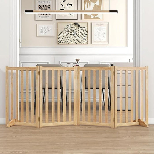 30" Height Tall Freestanding Pet Gate, Solid Wood Folding Safety Fence Wooden Dog Gate with 2 PCs Support Feet Ideal for Stairs, Doorways, Halls, Kitchens, Heavy Duty Gates, 4 Panels, Oak