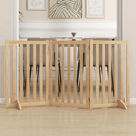 30" Height Tall Freestanding Pet Gate, Solid Wood Folding Safety Fence Wooden Dog Gate with 2 PCs Support Feet Ideal for Stairs, Doorways, Halls, Kitchens, Heavy Duty Gates, 3 Panels, Oak