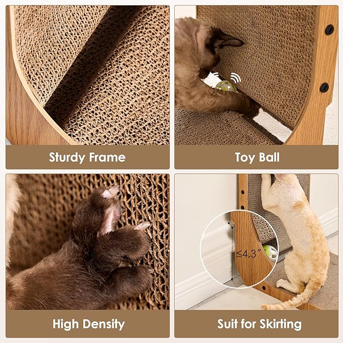 EHEYCIGA Cardboard Cat Scratcher for Indoor Cats, 26.8 Inch L Shaped Vertical Cat Scratching Board with Ball Cat Toy, Large Cat Scratcher Pad, Brown
