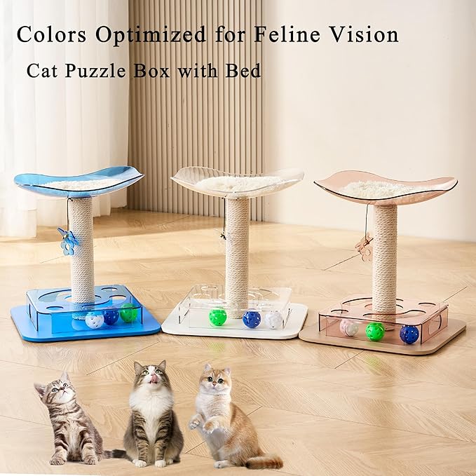 Kicari Modern 3-in-1 Interactive Cat Toy, Puzzle Box Cat Puzzle Toys for Indoor Cats with Bed/Perch, Small Cotton Scratching Posts, Colorful Jingle Balls, Dangling Toy Accent, Acrylic Pink