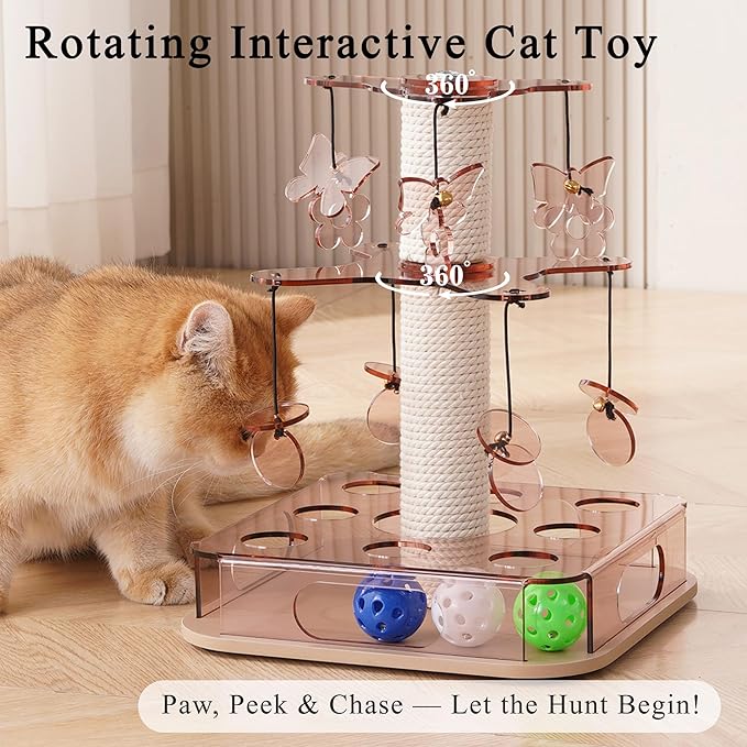 Kicari Modern 3-in-1 Interactive Cat Toy, Puzzle Box Cat Puzzle Toys for Indoor Cats with with Colorful Jingle Balls, Small Cotton Scratching Post, 2-Layer Spinning Dangling Toys, Acrylic Pink