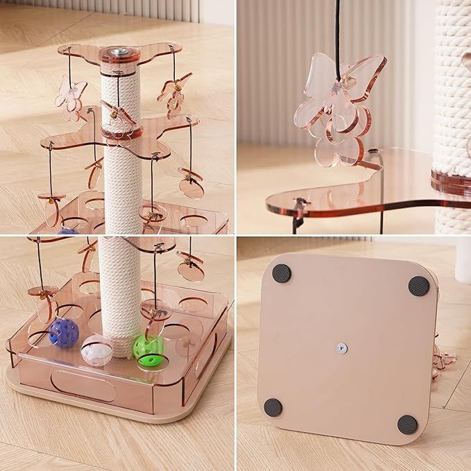 Kicari Modern 3-in-1 Interactive Cat Toy, Puzzle Box Cat Puzzle Toys for Indoor Cats with with Colorful Jingle Balls, Small Cotton Scratching Post, 2-Layer Spinning Dangling Toys, Acrylic Pink