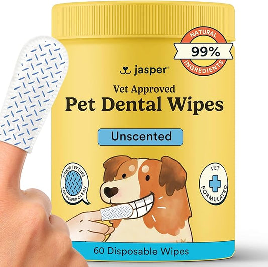 Jasper Dog Dental Wipes, Vet-Recommended Natural Cat & Dog Teeth Cleaning Wipes Dog Teeth Cleaner, Disposable Wipes Fresh Breath PlaqLift Technology Attacks Plaque and Buildup, Unscented, 60 Count