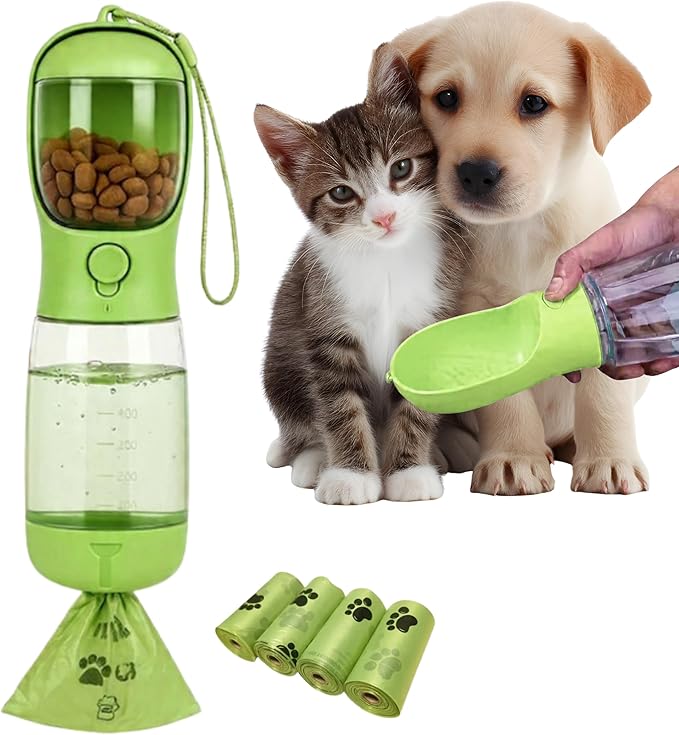 3-in-1 Dog & Cat Water Bottle Portable with Food Container & Poop Bag Holder - BPA Free Travel Pet Dispenser, Leak-Proof Design, Includes 60 Waste Bags, 400ml, Green