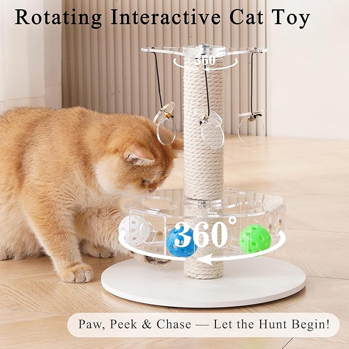 Kicari Modern 3-in-1 Interactive Cat Toy, Rotating Puzzle Box Cat Puzzle Toys for Indoor Cats with Colorful Jingle Balls, Small Scratching Post, Spinning Teaser Disc with Dangling Toys, Acrylic White