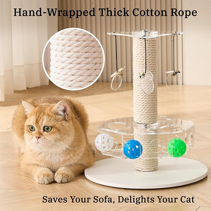 Kicari Modern 3-in-1 Interactive Cat Toy, Rotating Puzzle Box Cat Puzzle Toys for Indoor Cats with Colorful Jingle Balls, Small Scratching Post, Spinning Teaser Disc with Dangling Toys, Acrylic White
