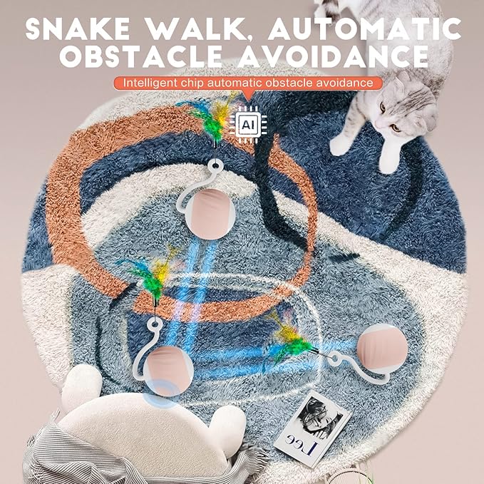 Interactive Cat Toys Ball - Electric Automatic Toys for Indoor cats, LED Lights and Toys Feather Tail with Sound Activated and Touch, USB Rechargeable, 2peeds Mode for Bored Kittens/Adult Cats/Ferret