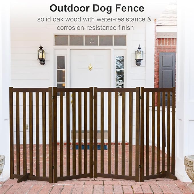 36" Height Extra Tall Freestanding Pet Gate, Solid Wood Folding Safety Fence Wooden Dog Gate with 2 PCs Support Feet Ideal for Stairs, Doorways, Halls, Kitchens, Heavy Duty Gates, 4 Panels, Walnut