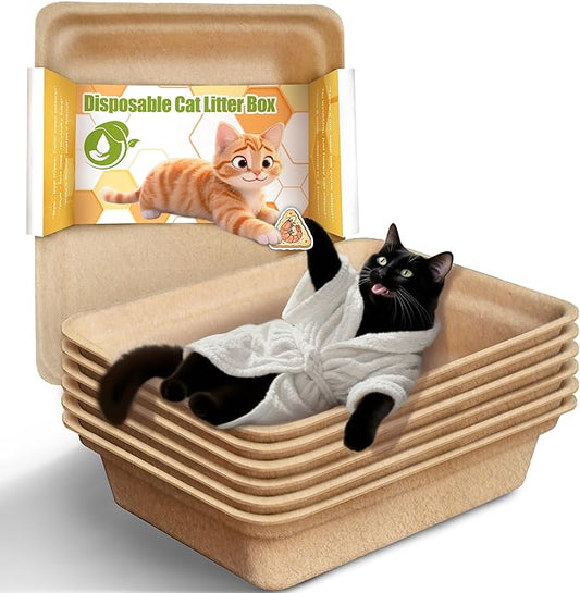 Disposable Litter Boxes for Cats Leak-Proof: 6-Pack Odor Control Sustainable Large Kitty Tray for Travel/Indoor Use