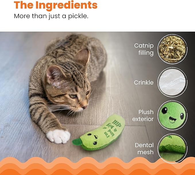 Catstages Crunchy Pickle Kicker Cat Toy – Plush Crinkle Toy with Catnip and Dental Mesh, 6.5"