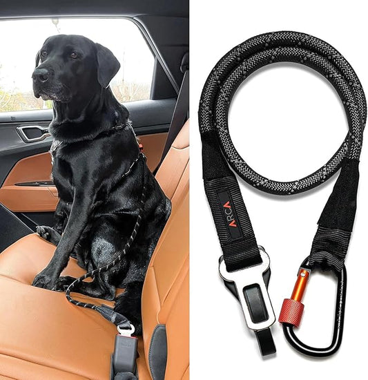 Dog Seat Belt for Car | Universal Dog Car Seatbelt | Durable Reflective Rope with Clip Hook Latch, Buckle and Carabiner- Safe and Secure Pet Safety Restraint (Black)