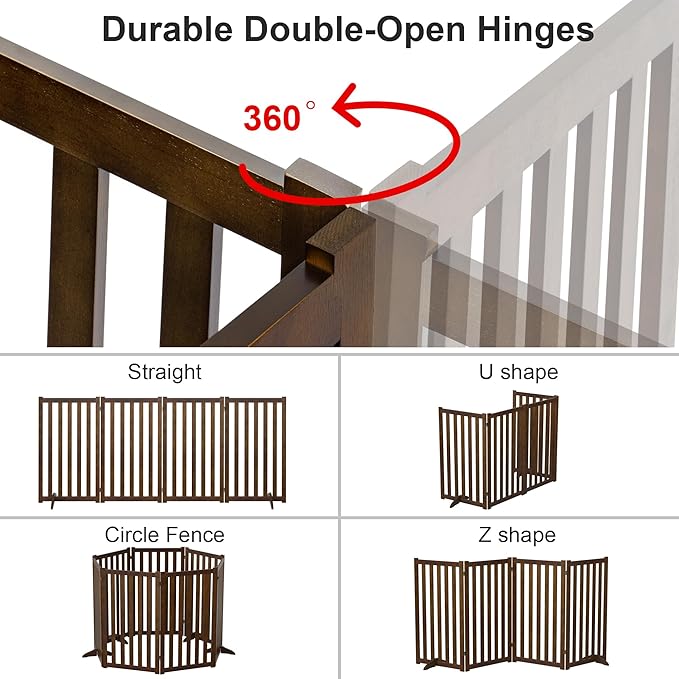 36" Height Extra Tall Freestanding Pet Gate, Solid Wood Folding Safety Fence Wooden Dog Gate with 2 PCs Support Feet Ideal for Stairs, Doorways, Halls, Kitchens, Heavy Duty Gates, 4 Panels, Walnut