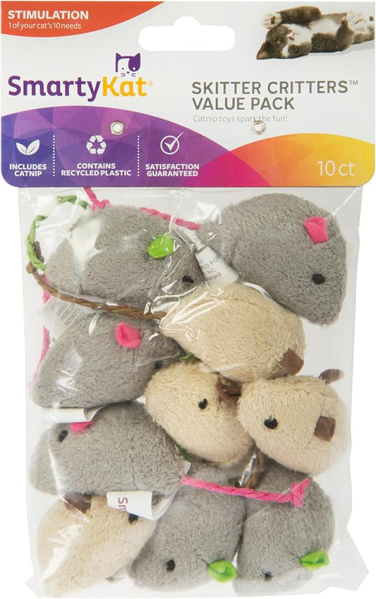 SmartyKat Skitter Critters Value Pack Catnip Cat Toys - Gray/Cream, Set of 10