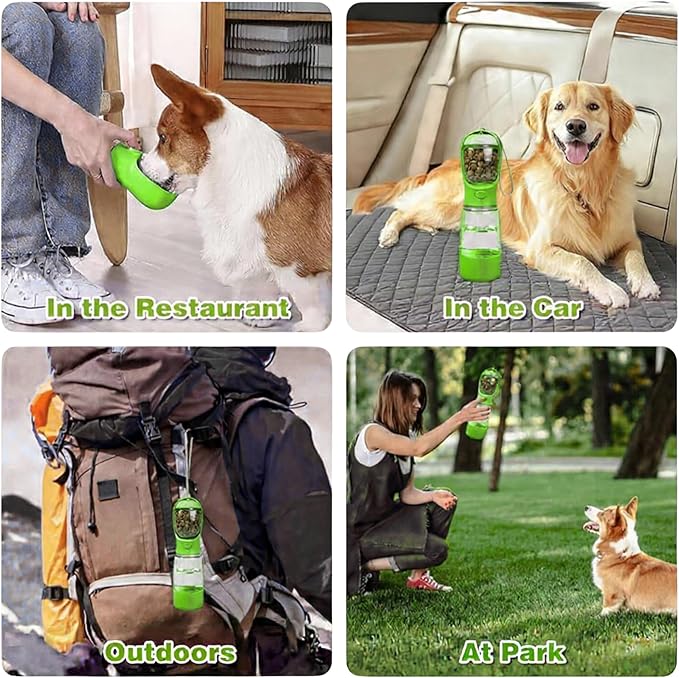 3-in-1 Dog & Cat Water Bottle Portable with Food Container & Poop Bag Holder - BPA Free Travel Pet Dispenser, Leak-Proof Design, Includes 60 Waste Bags, 400ml, Green