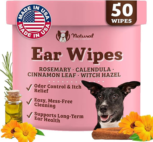 Natural Dog Ear Wipes (50 Ct) Essential Oil Infused Hygenic Dog Ear Cleanser for Dogs, Reduces Odor, Soothing Calendula, Aloe Vera, Witch Hazel, Dog Ear Itch Relief, Vegan