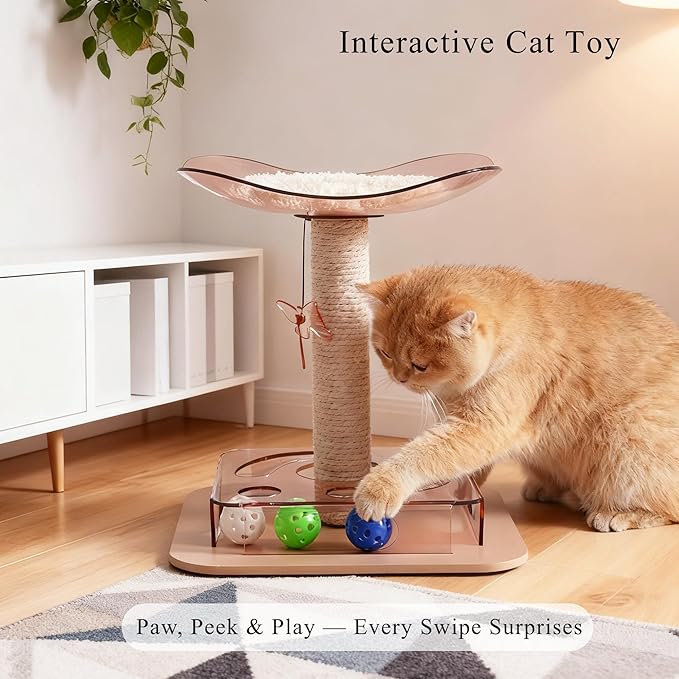 Kicari Modern 3-in-1 Interactive Cat Toy, Puzzle Box Cat Puzzle Toys for Indoor Cats with Bed/Perch, Small Cotton Scratching Posts, Colorful Jingle Balls, Dangling Toy Accent, Acrylic Pink