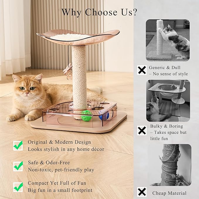 Kicari Modern 3-in-1 Interactive Cat Toy, Puzzle Box Cat Puzzle Toys for Indoor Cats with Bed/Perch, Small Cotton Scratching Posts, Colorful Jingle Balls, Dangling Toy Accent, Acrylic Pink