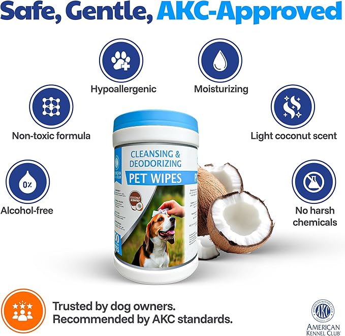 American Kennel Club Pet Cleansing Wipes Canister – 200ct – Gentle Grooming & Quick Clean-Up for Dogs & Cats – Chemical-Free, Soft, and Safe for Paws, Face, Ears, and Coat – Portable & Moist