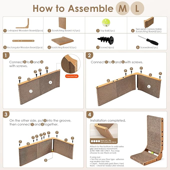 EHEYCIGA Cardboard Cat Scratcher for Indoor Cats, 26.8 Inch L Shaped Vertical Cat Scratching Board with Ball Cat Toy, Large Cat Scratcher Pad, Brown