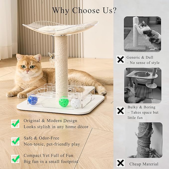 Kicari Modern 3-in-1 Interactive Cat Toy, Puzzle Box Cat Puzzle Toys for Indoor Cats with Bed/Perch, Small Cotton Scratching Posts, Colorful Jingle Balls, Dangling Toy Accent, Acrylic White